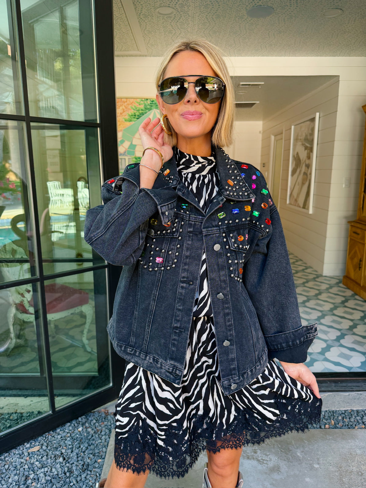 GEM OF A GIRL BEJEWELED DENIM JACKET - BLACK