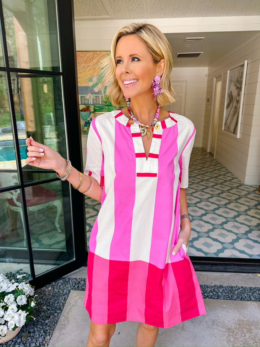 BE INTENTIONAL BOLD STRIPE DRESS - IVORY/PINK