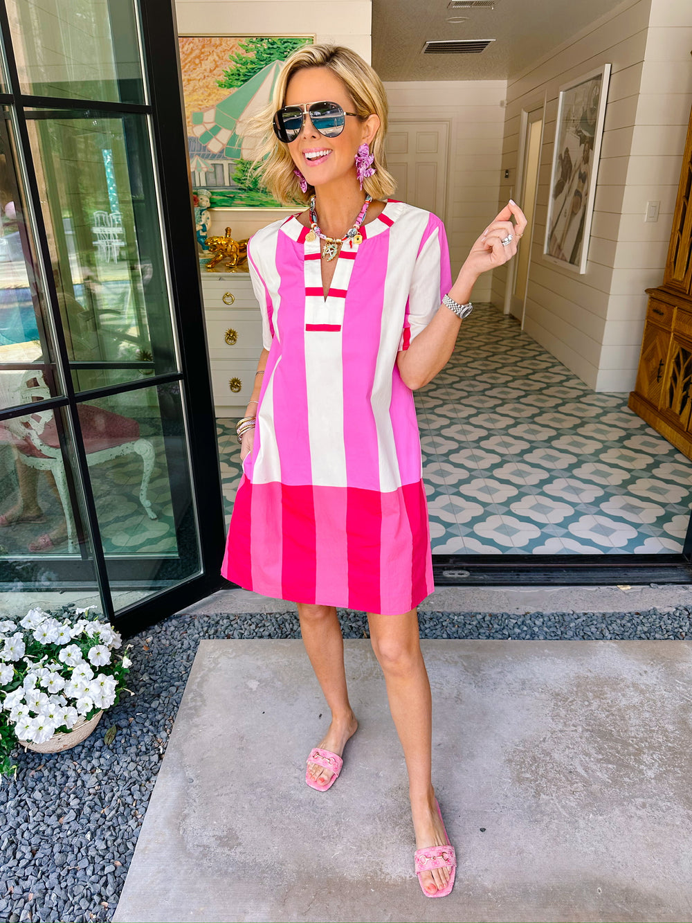 BE INTENTIONAL BOLD STRIPE DRESS - IVORY/PINK