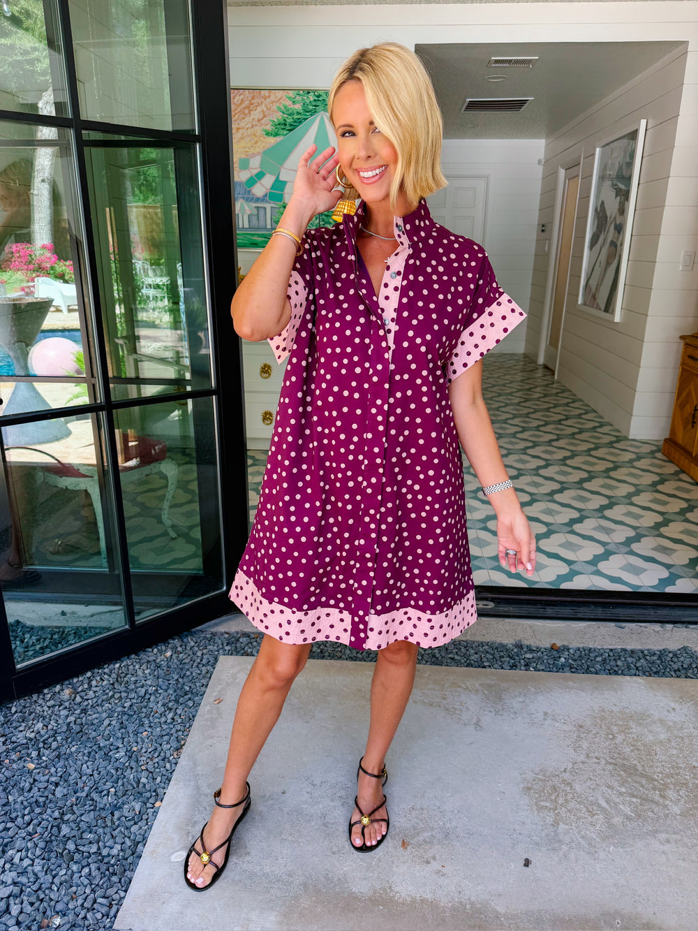 PICTURE THIS POLKA DOT COLORBLOCK BUTTON UP DRESS - WINE