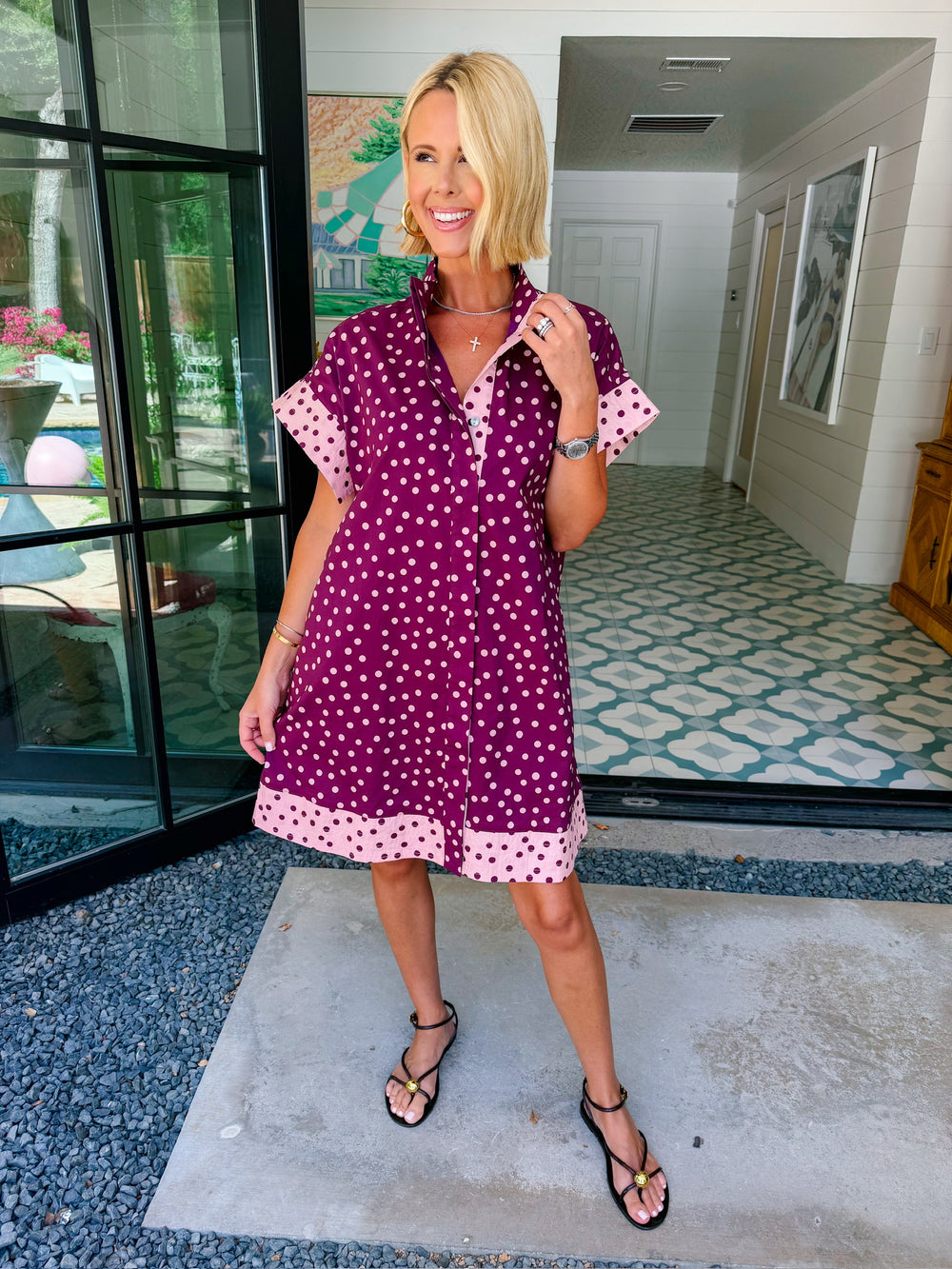 PICTURE THIS POLKA DOT COLORBLOCK BUTTON UP DRESS - WINE