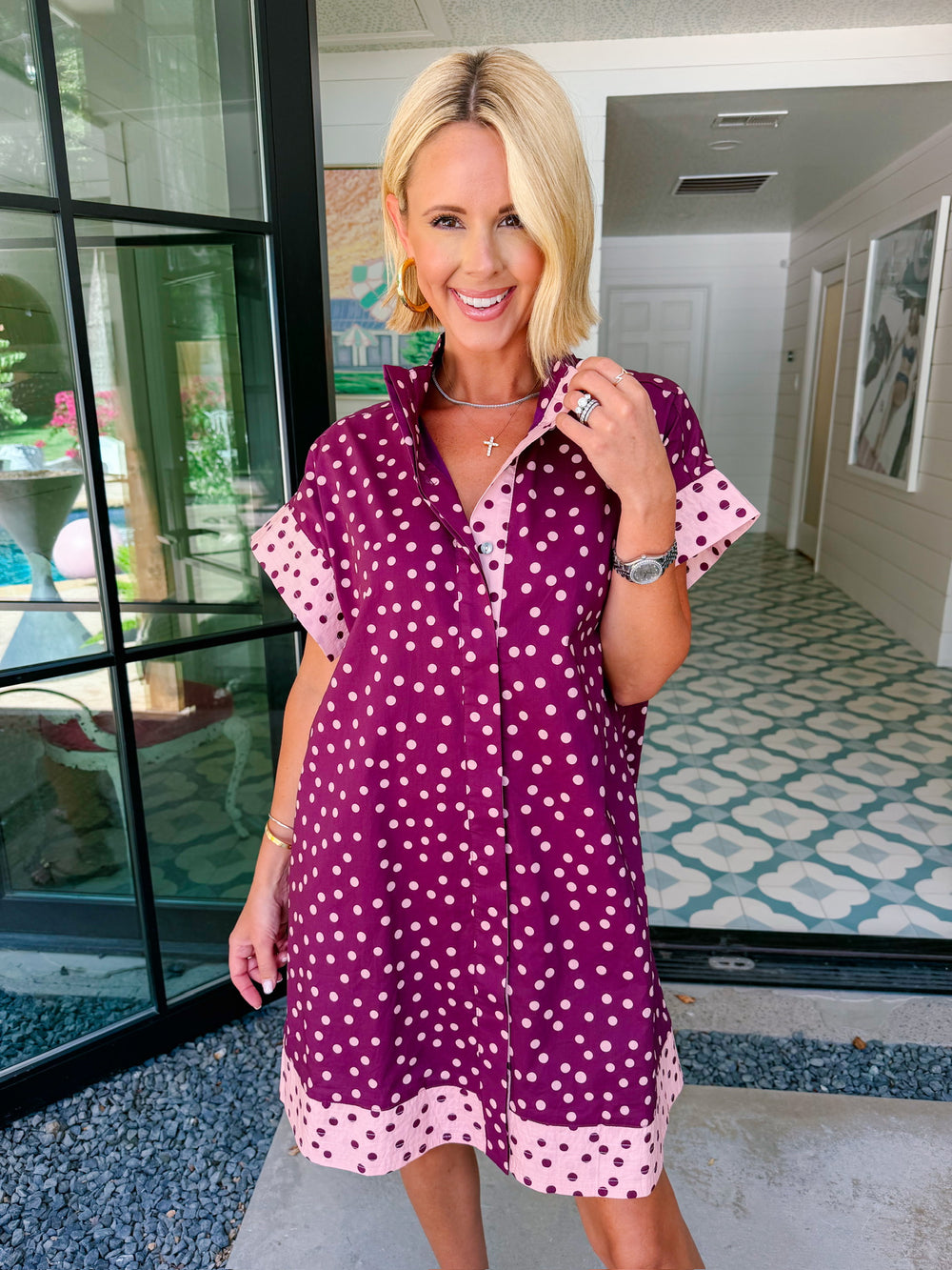 PICTURE THIS POLKA DOT COLORBLOCK BUTTON UP DRESS - WINE