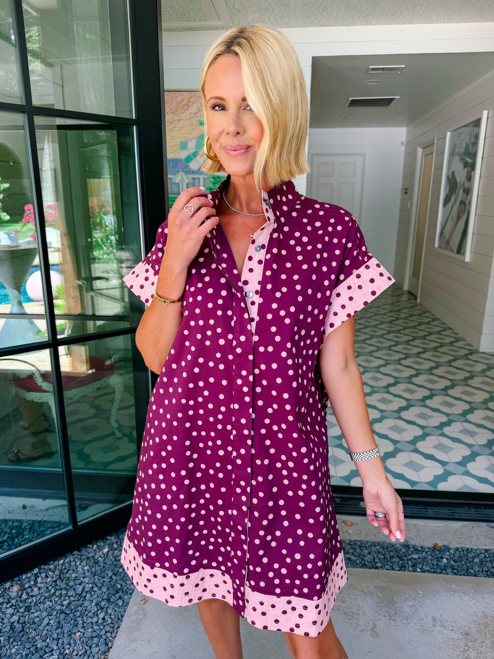 PICTURE THIS POLKA DOT COLORBLOCK BUTTON UP DRESS - WINE