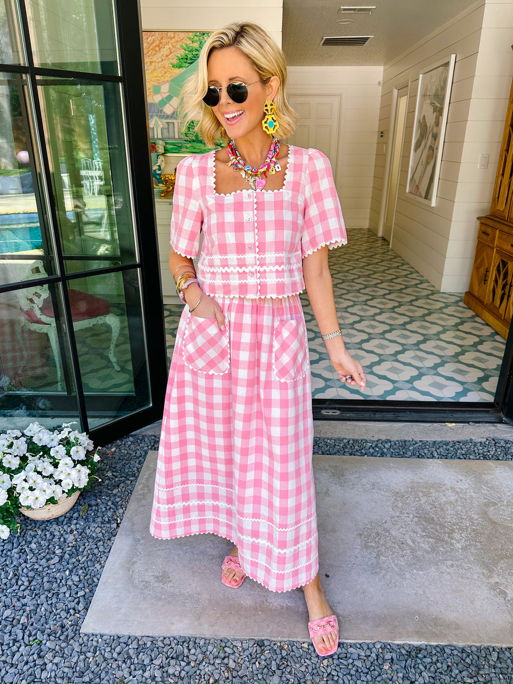 SPRING FEVER GINGHAM RIC RAC SKIRT SET - PINK