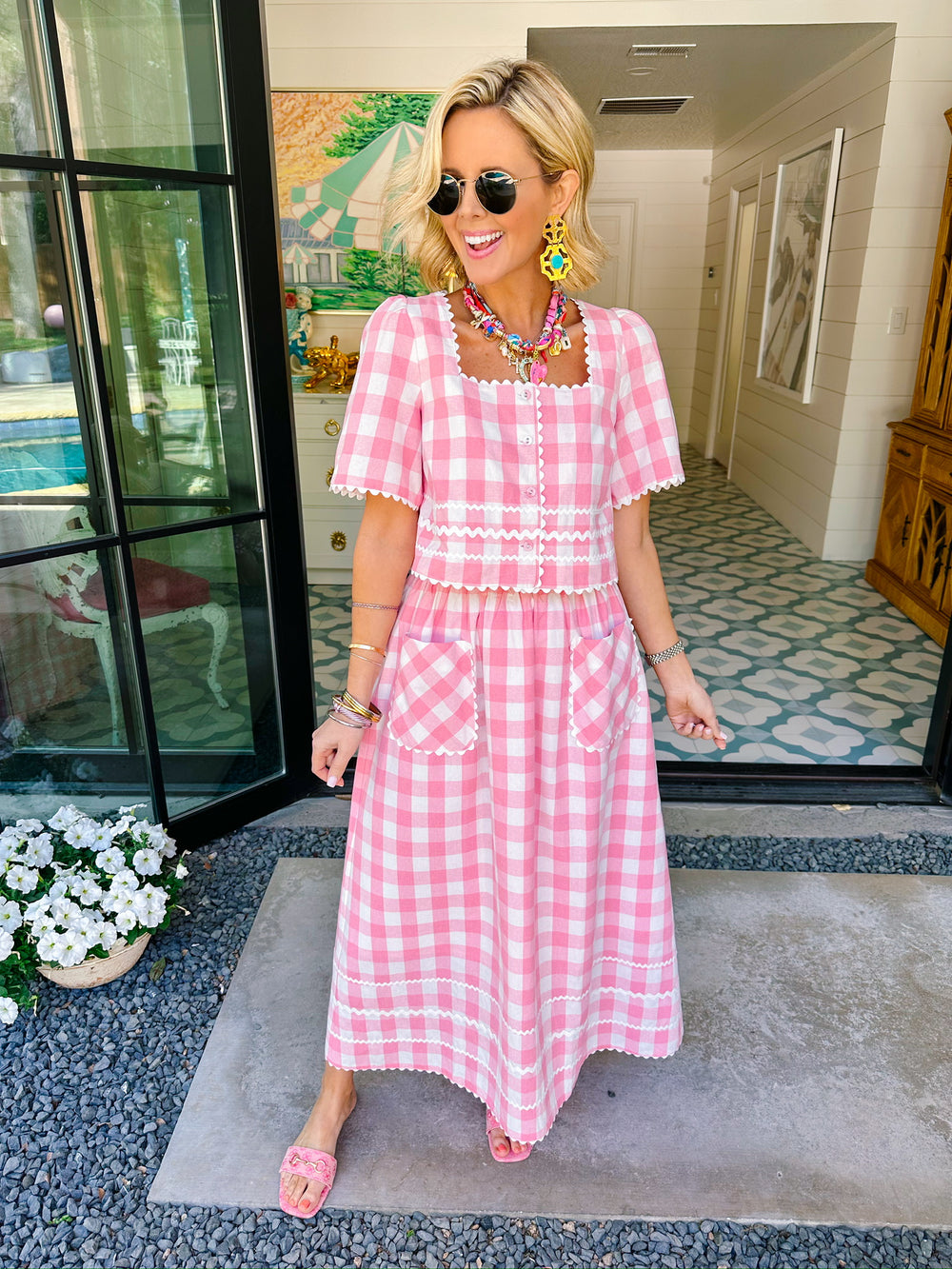 SPRING FEVER GINGHAM RIC RAC SKIRT SET - PINK