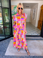 HAPPY TO BE HERE ABSTRACT MIDI DRESS