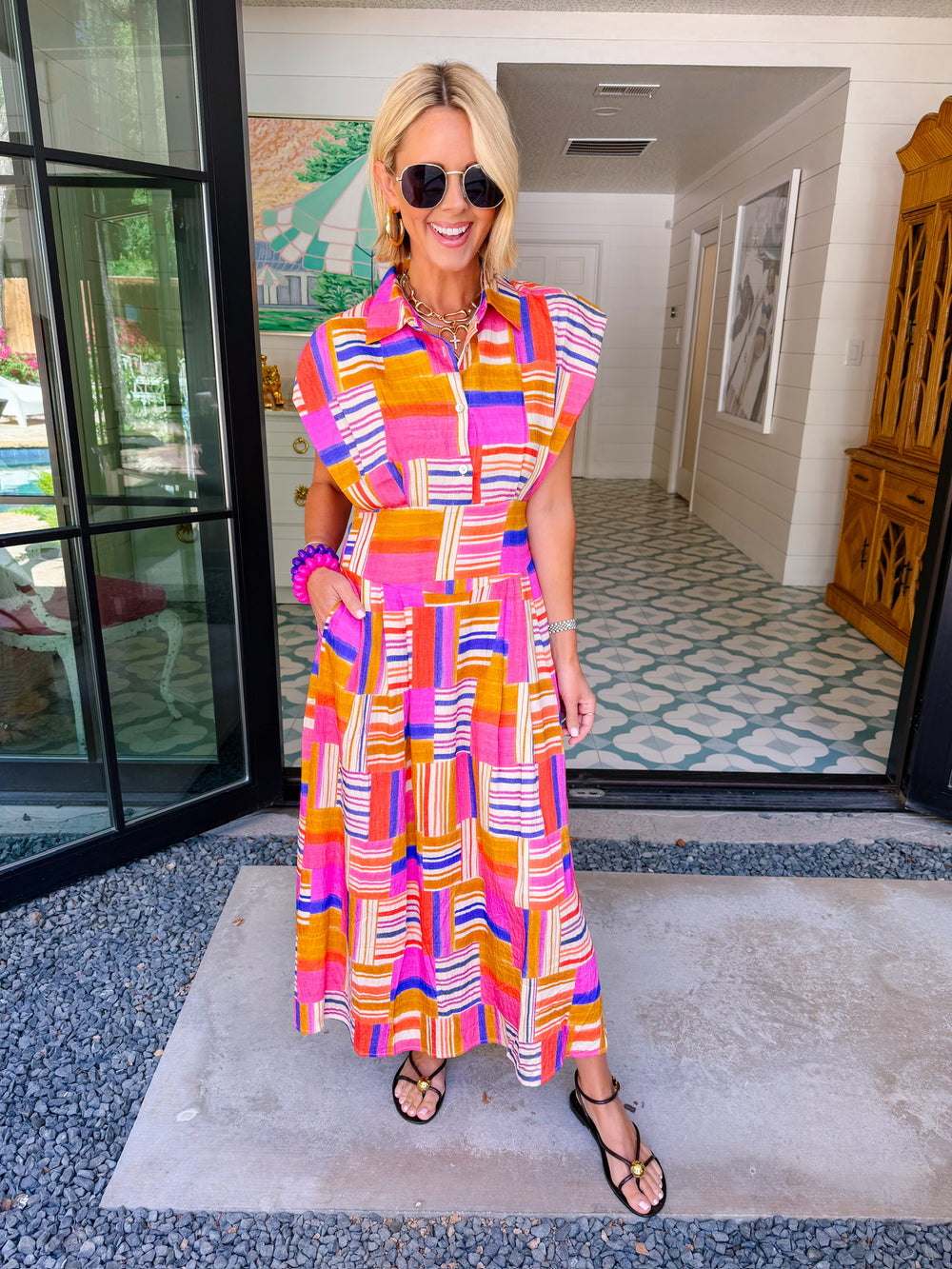 HAPPY TO BE HERE ABSTRACT MIDI DRESS