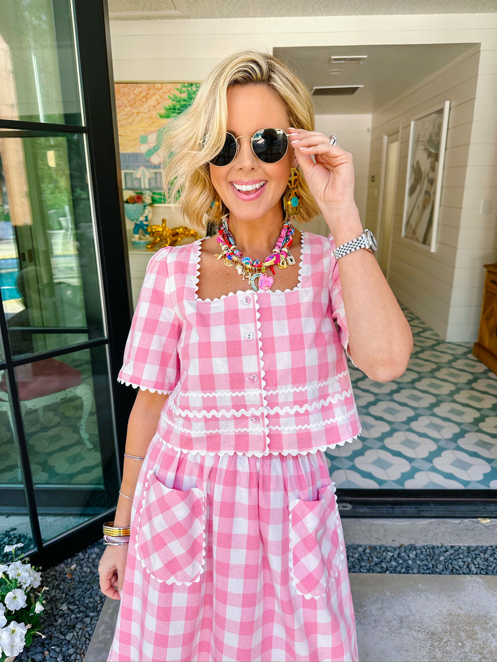 SPRING FEVER GINGHAM RIC RAC SKIRT SET - PINK
