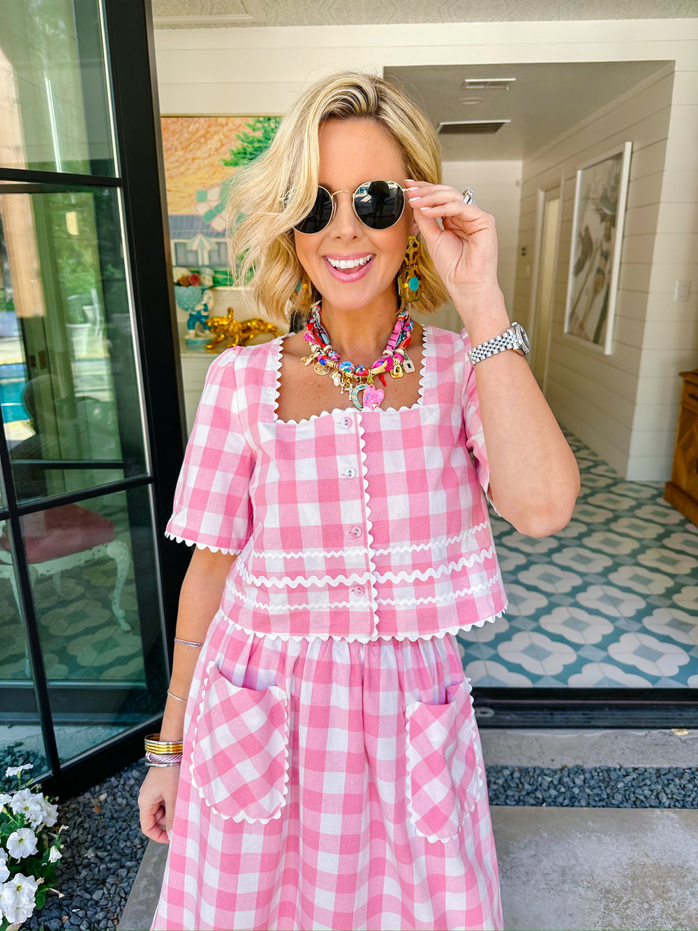 SPRING FEVER GINGHAM RIC RAC SKIRT SET - PINK