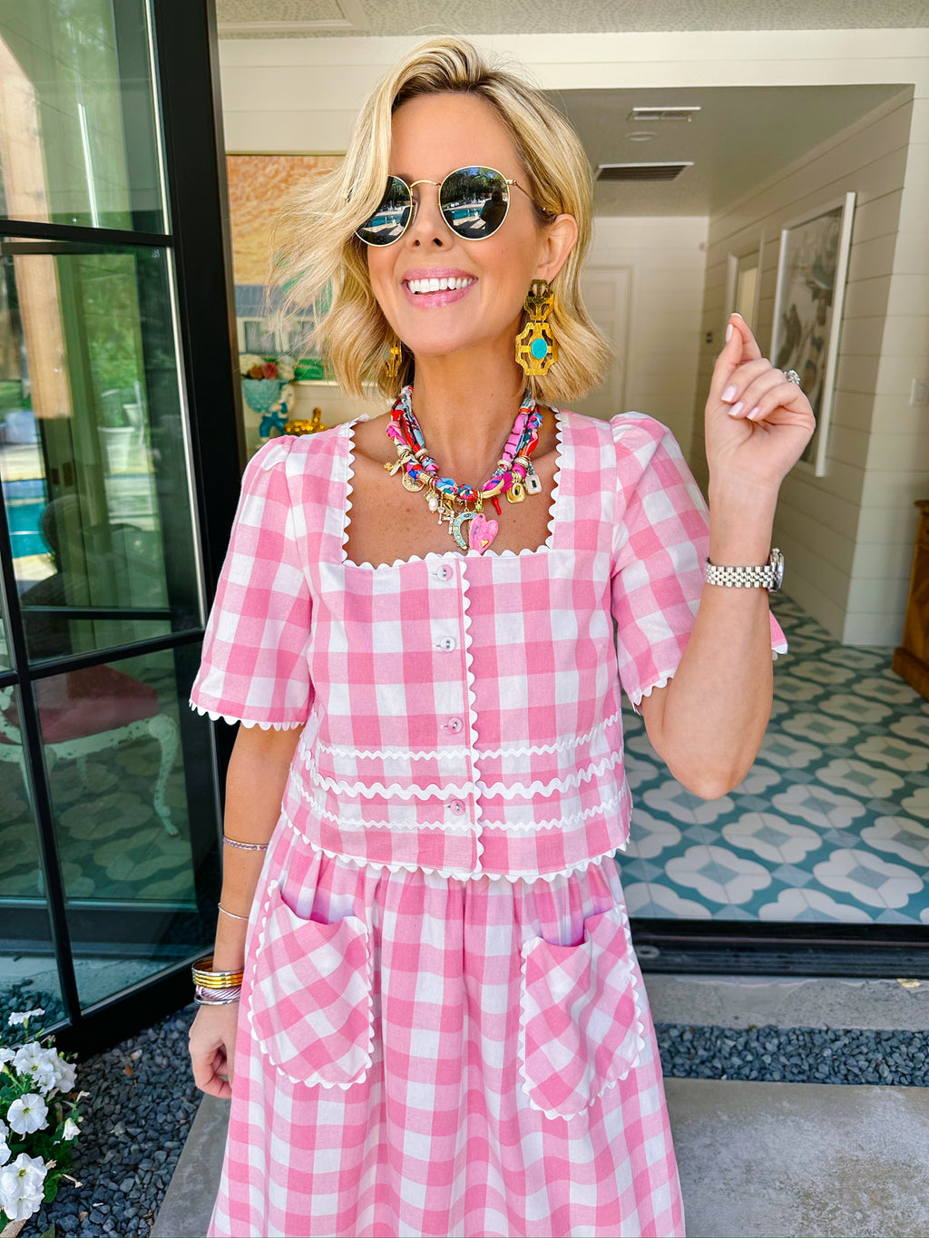 SPRING FEVER GINGHAM RIC RAC SKIRT SET - PINK