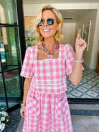 SPRING FEVER GINGHAM RIC RAC SKIRT SET - PINK