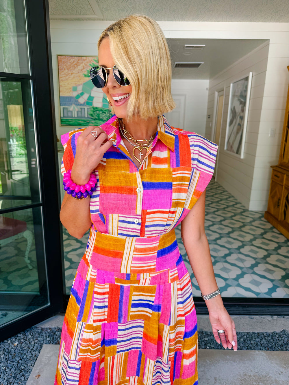 HAPPY TO BE HERE ABSTRACT MIDI DRESS