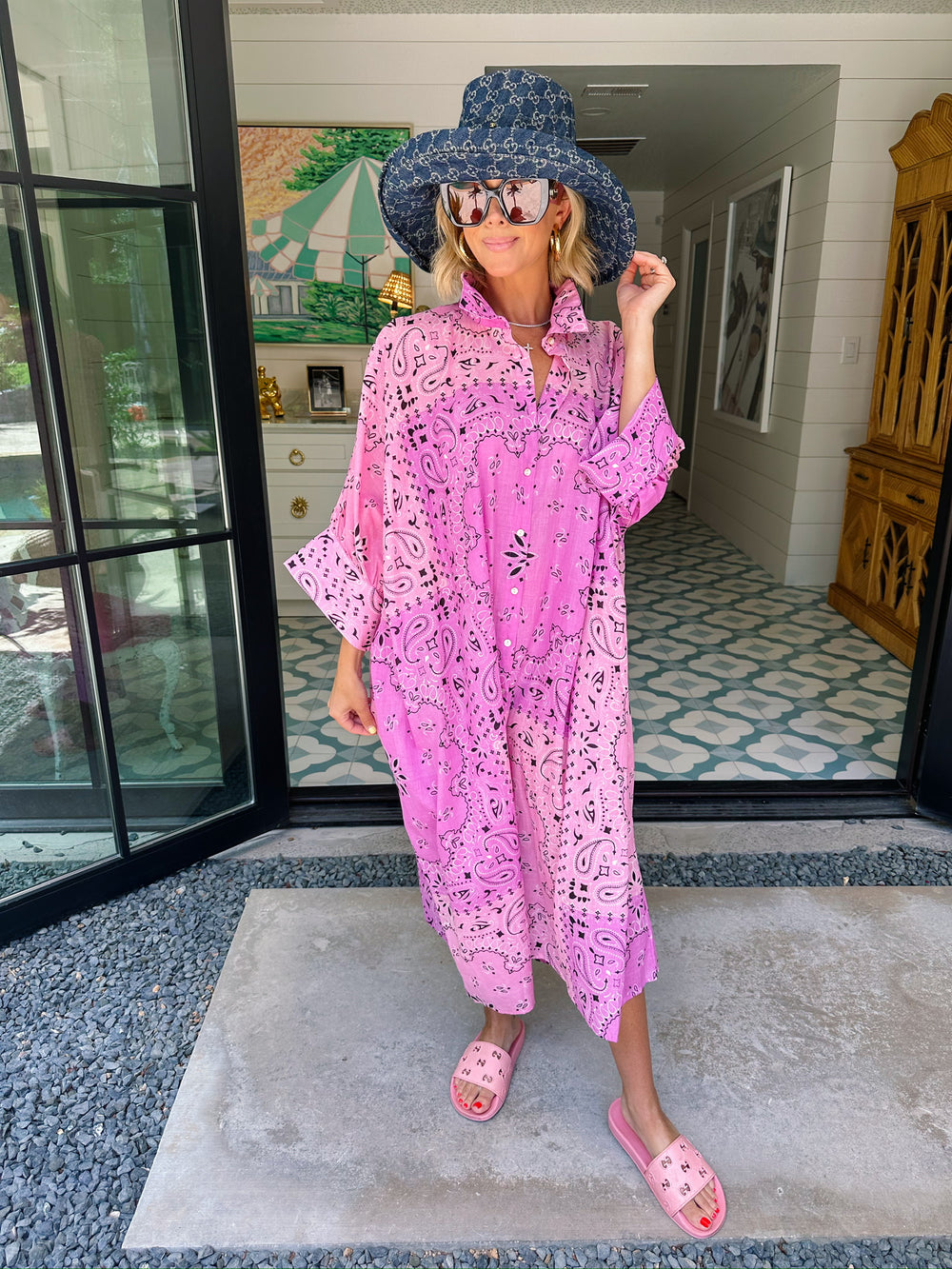BETTER THAN EVER BANDANA BUTTON UP MIDI DRESS - LAVENDER/PINK