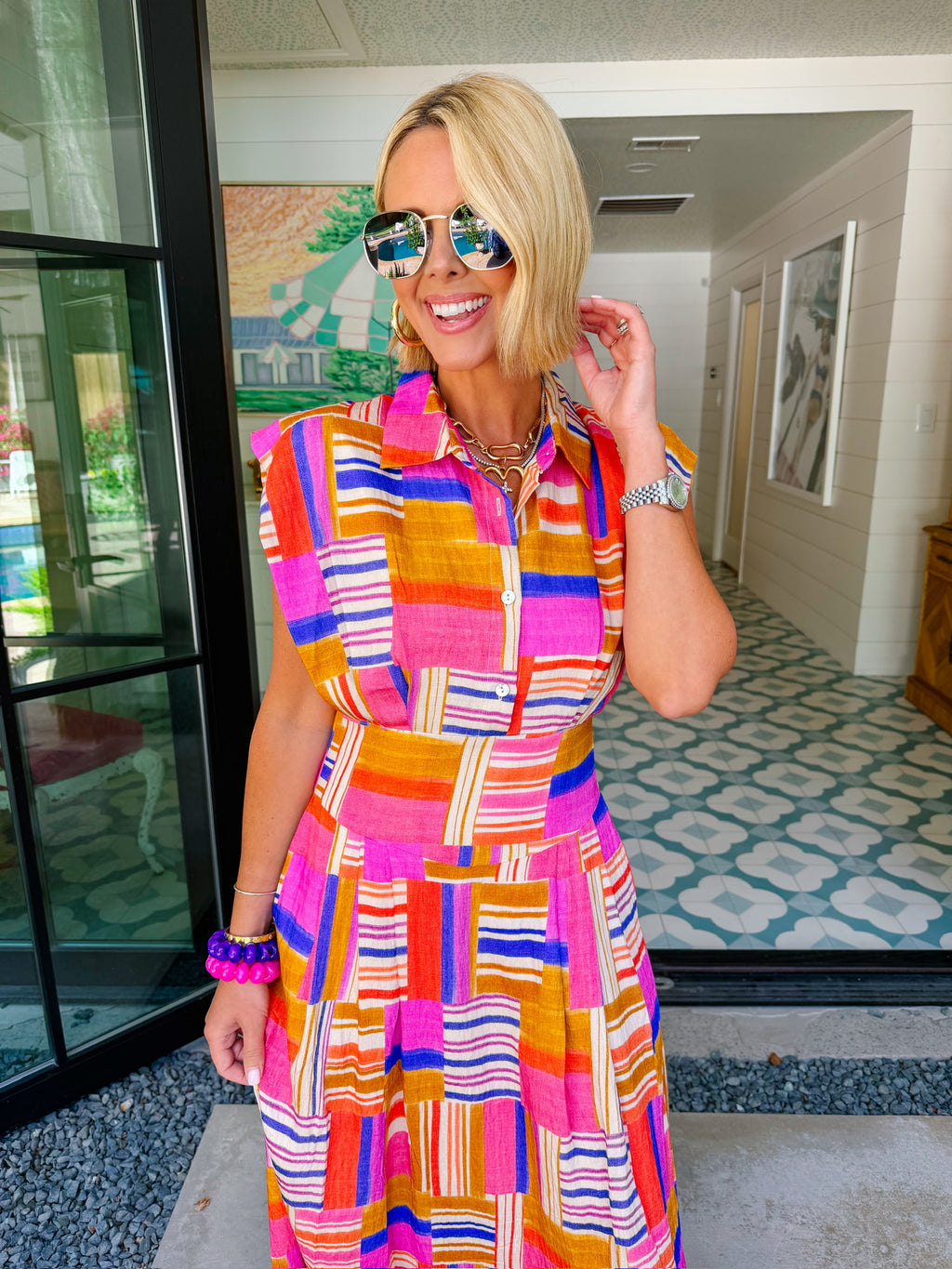 HAPPY TO BE HERE ABSTRACT MIDI DRESS