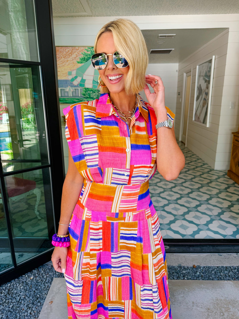 HAPPY TO BE HERE ABSTRACT MIDI DRESS