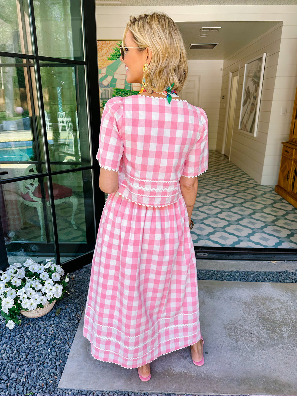 SPRING FEVER GINGHAM RIC RAC SKIRT SET - PINK