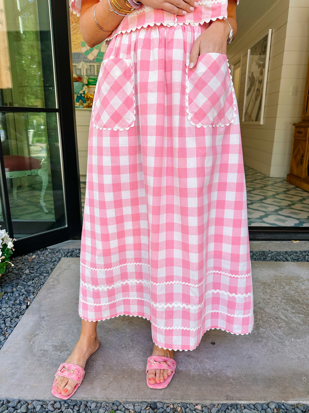 SPRING FEVER GINGHAM RIC RAC SKIRT SET - PINK