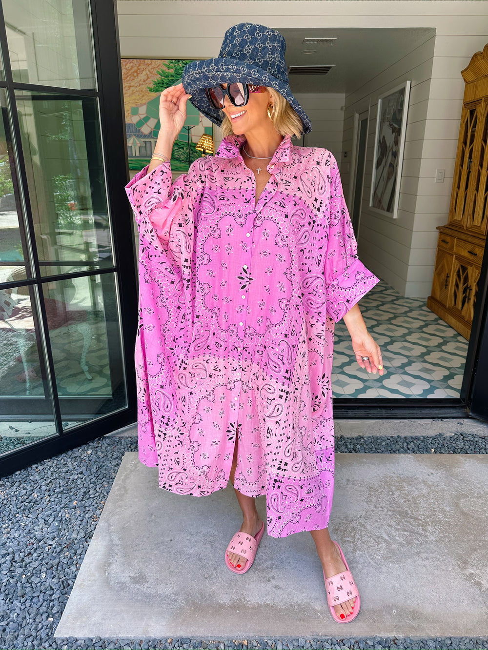 BETTER THAN EVER BANDANA BUTTON UP MIDI DRESS - LAVENDER/PINK