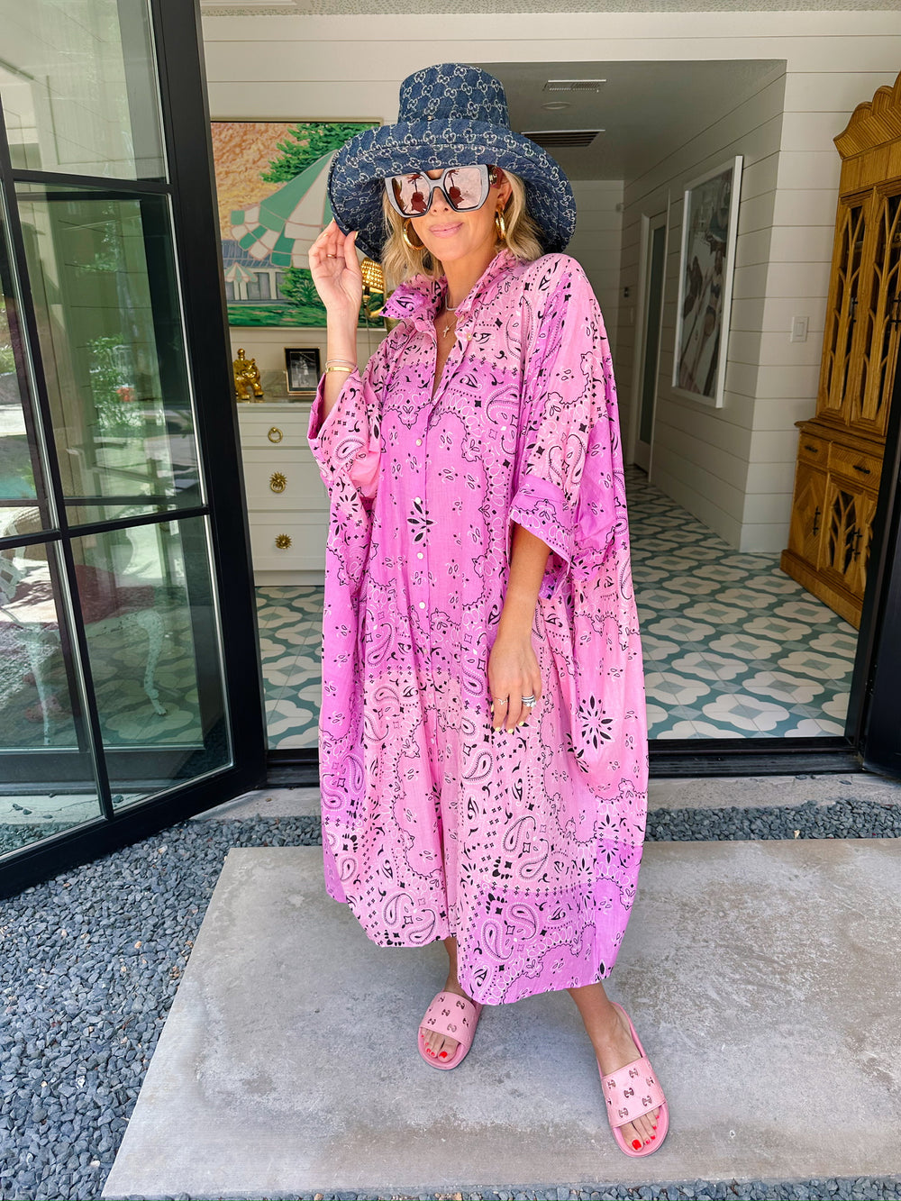 BETTER THAN EVER BANDANA BUTTON UP MIDI DRESS - LAVENDER/PINK