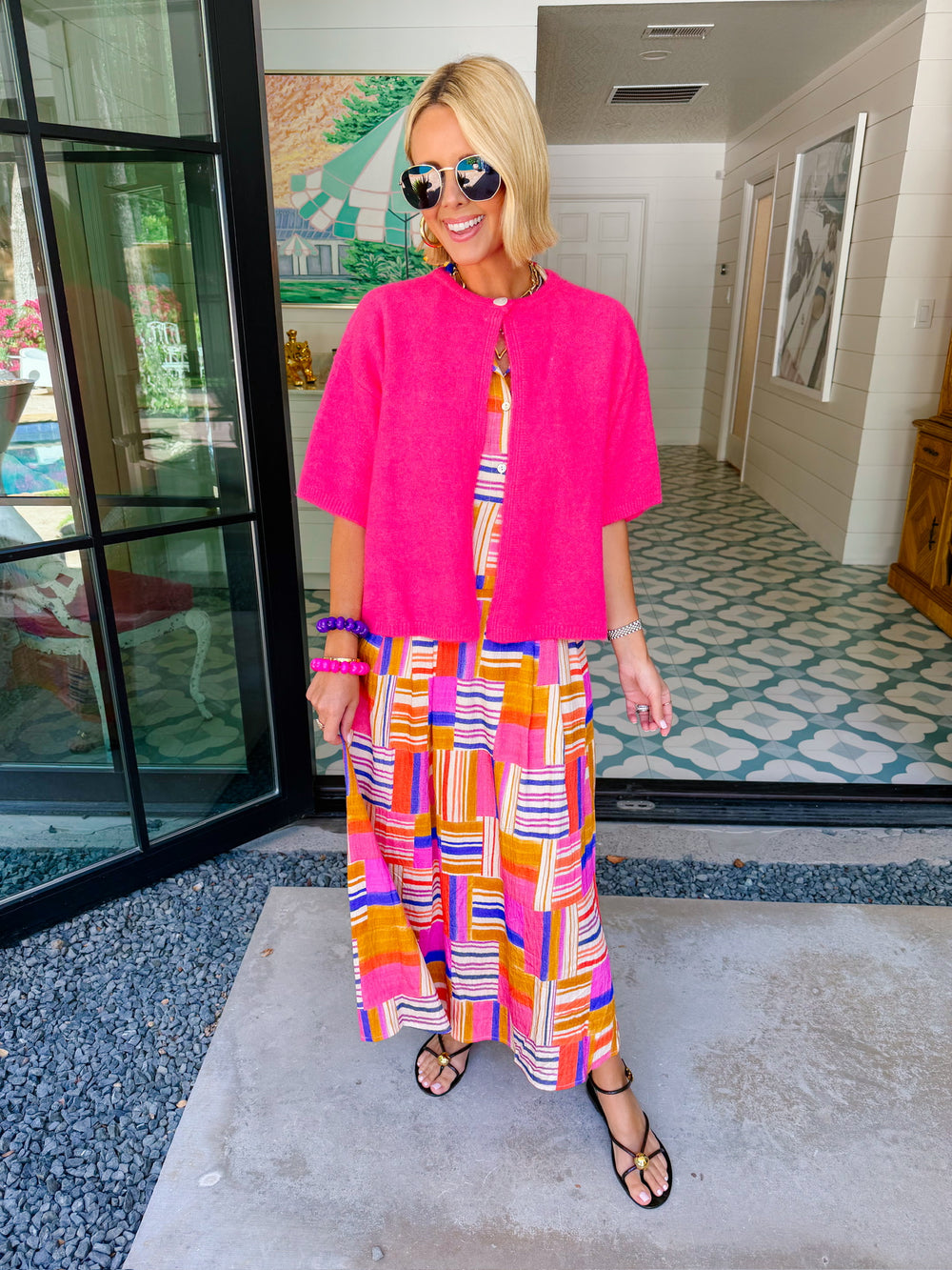 SASHA SHORT SLEEVE CARDIGAN - BRIGHT PINK