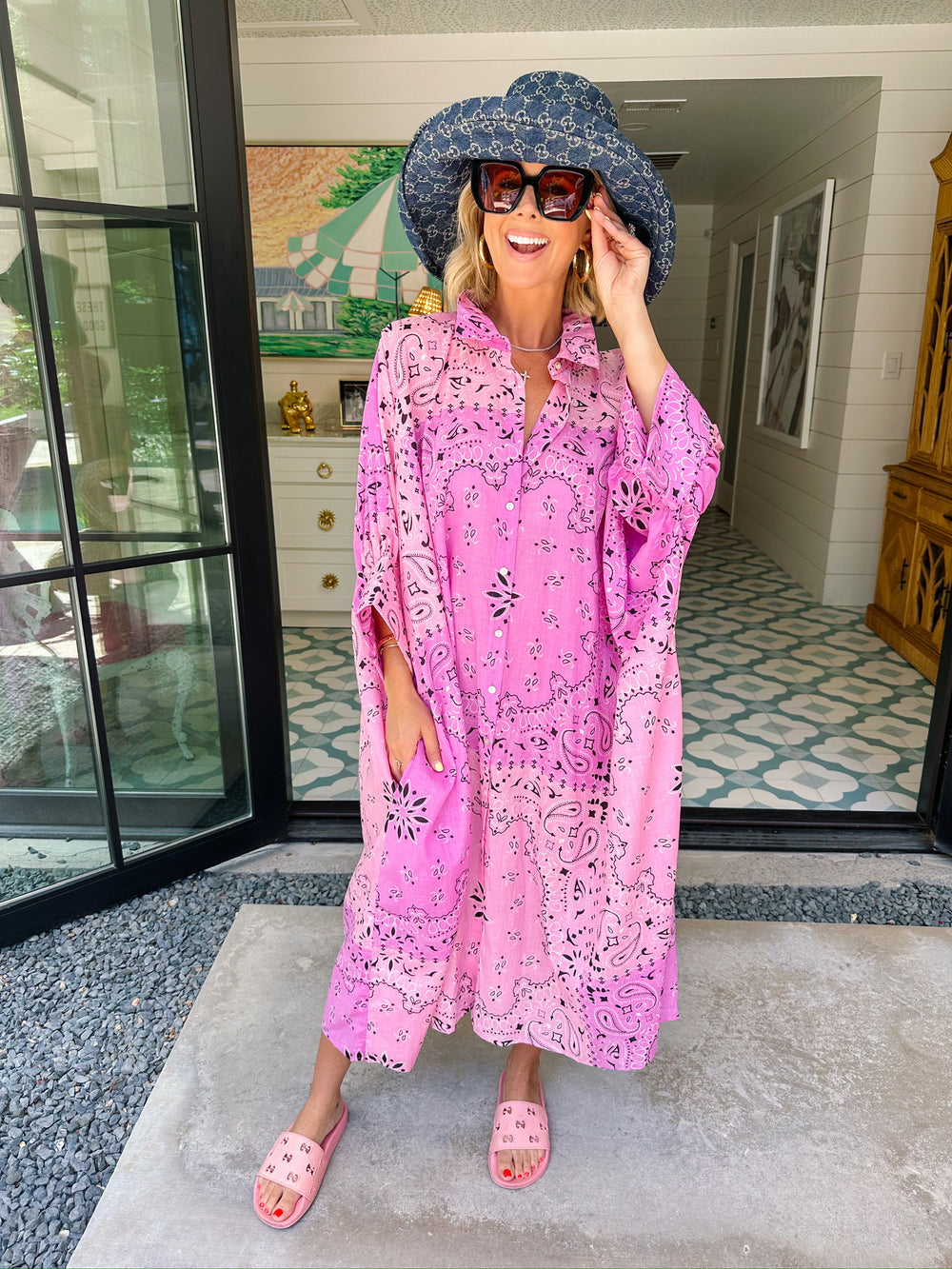 BETTER THAN EVER BANDANA BUTTON UP MIDI DRESS - LAVENDER/PINK