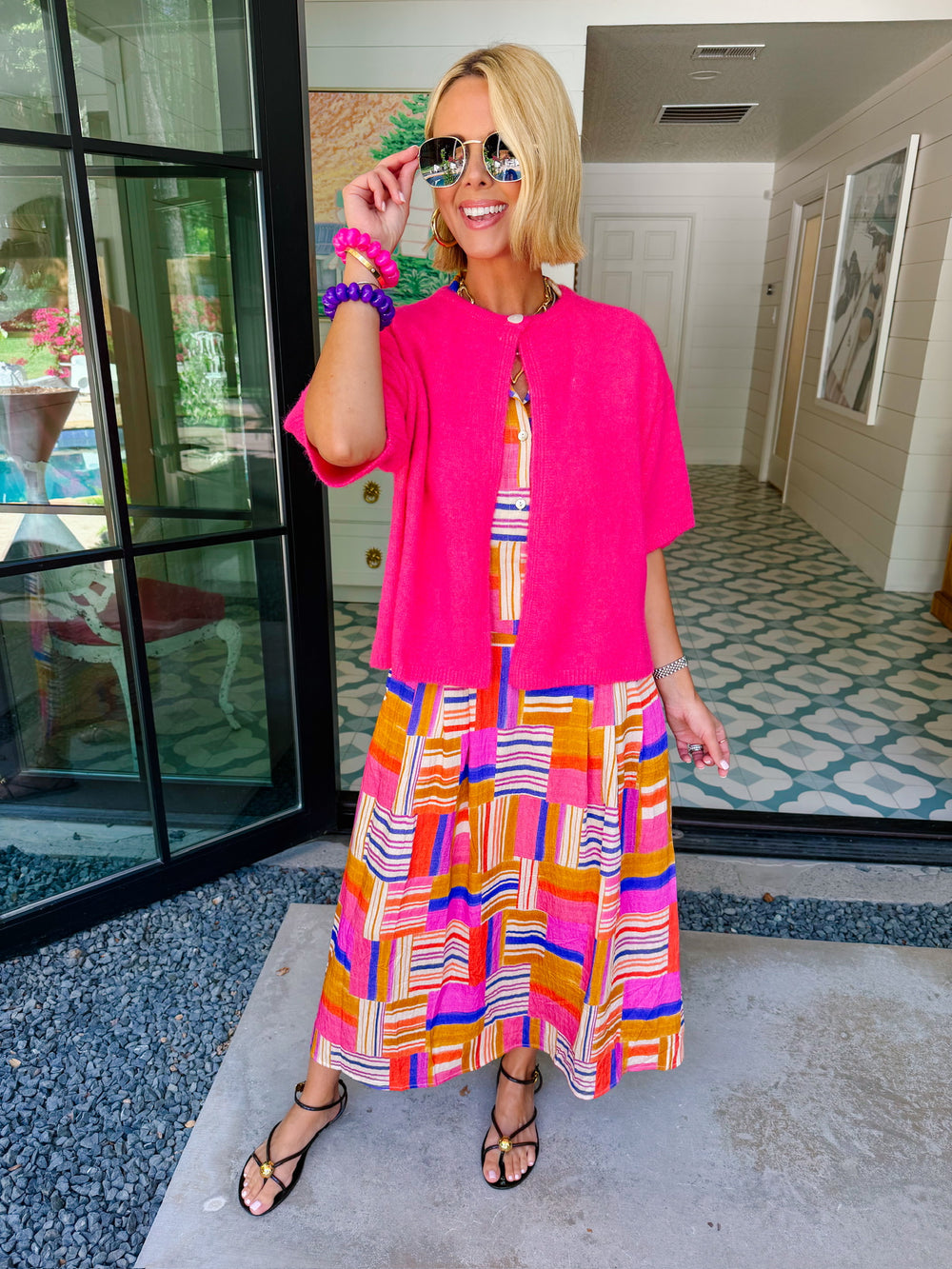 SASHA SHORT SLEEVE CARDIGAN - BRIGHT PINK