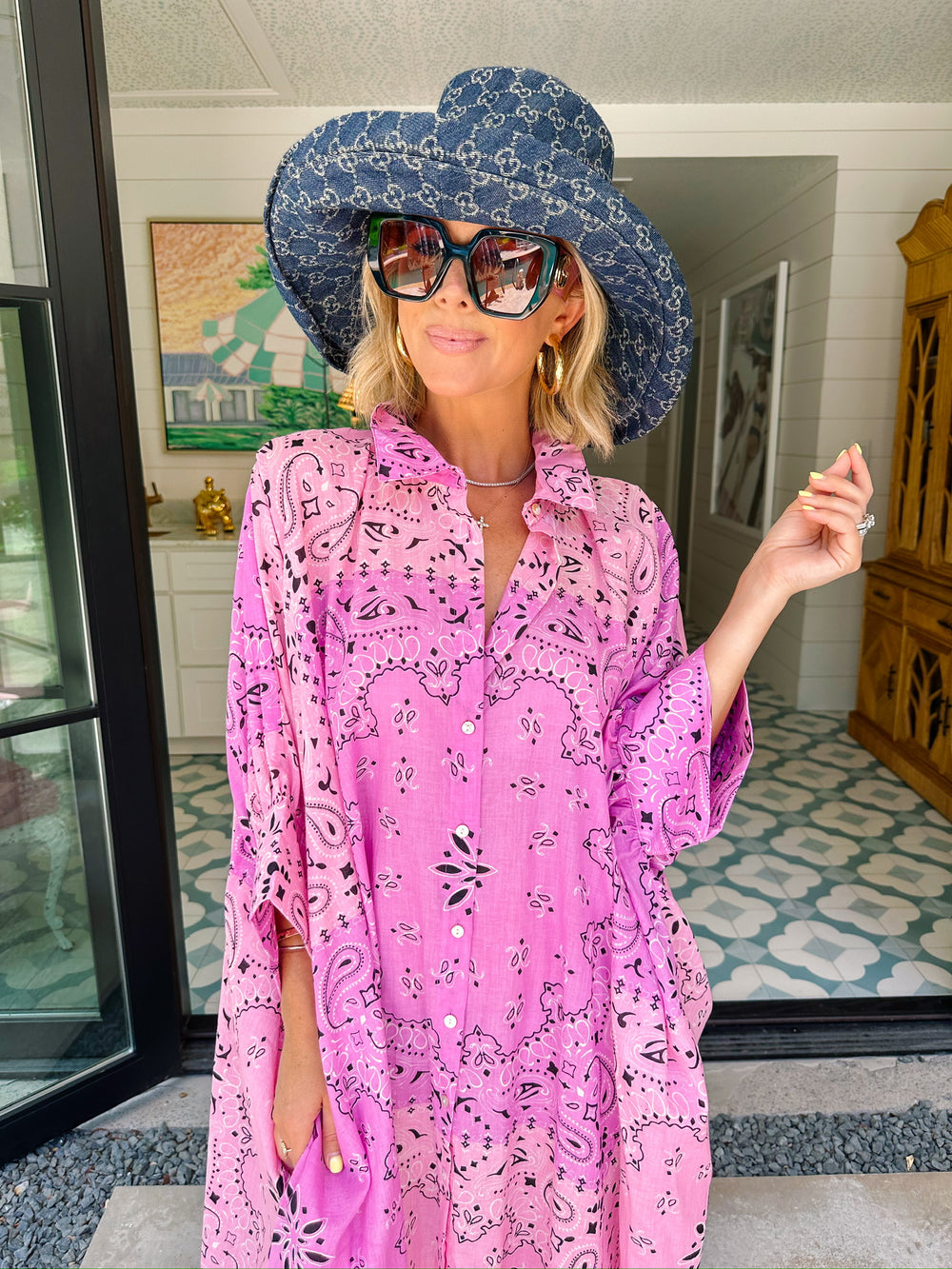 BETTER THAN EVER BANDANA BUTTON UP MIDI DRESS - LAVENDER/PINK