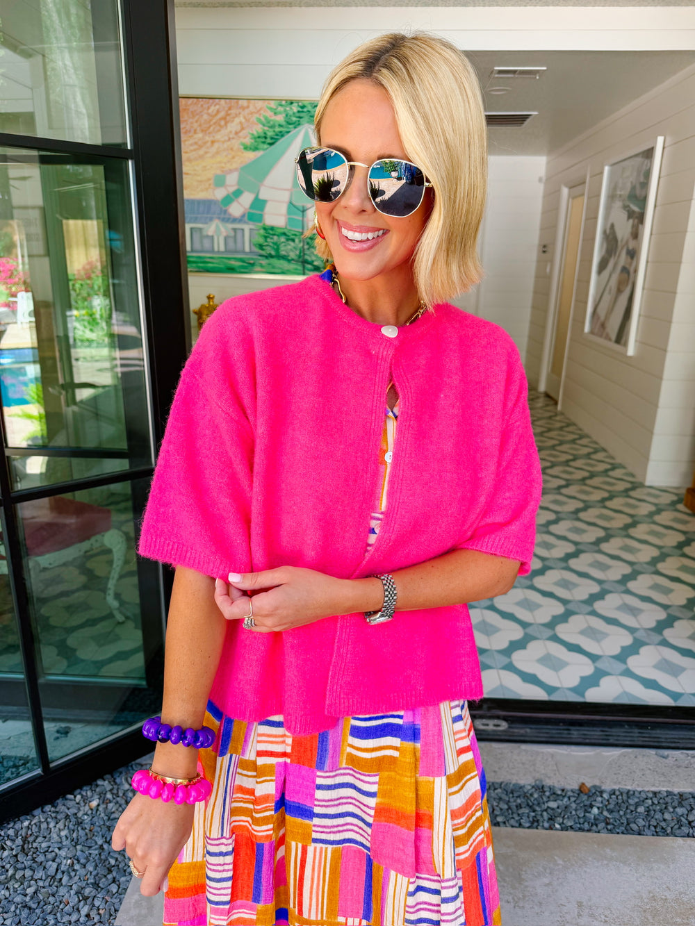 SASHA SHORT SLEEVE CARDIGAN - BRIGHT PINK