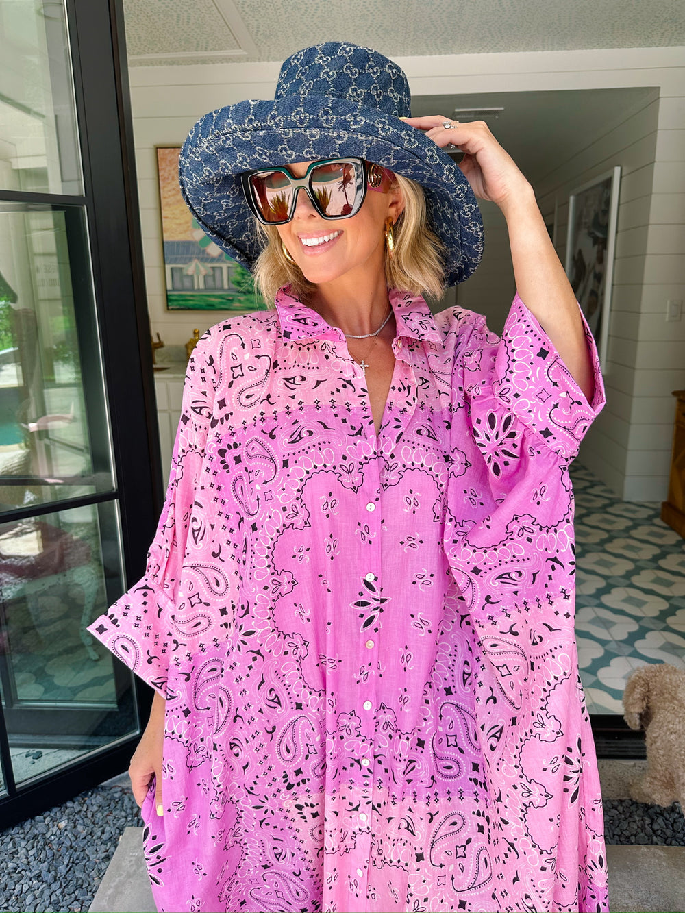 BETTER THAN EVER BANDANA BUTTON UP MIDI DRESS - LAVENDER/PINK