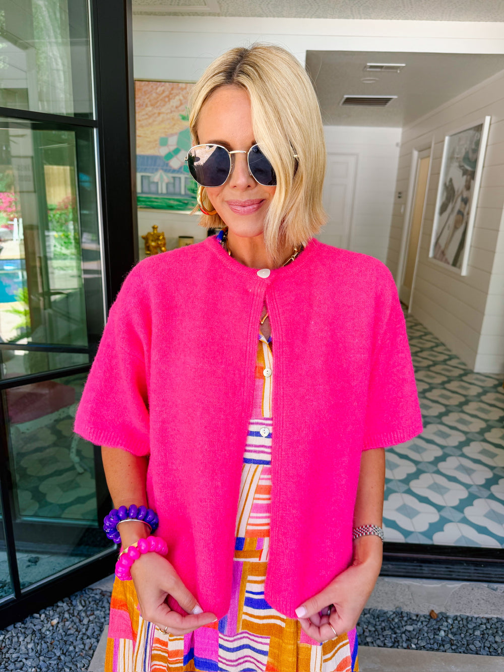 SASHA SHORT SLEEVE CARDIGAN - BRIGHT PINK