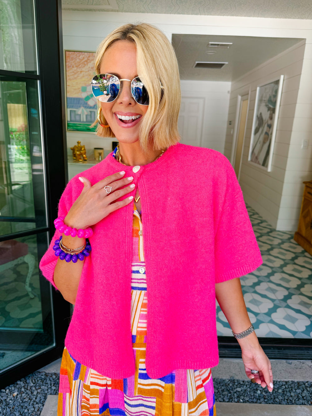 SASHA SHORT SLEEVE CARDIGAN - BRIGHT PINK