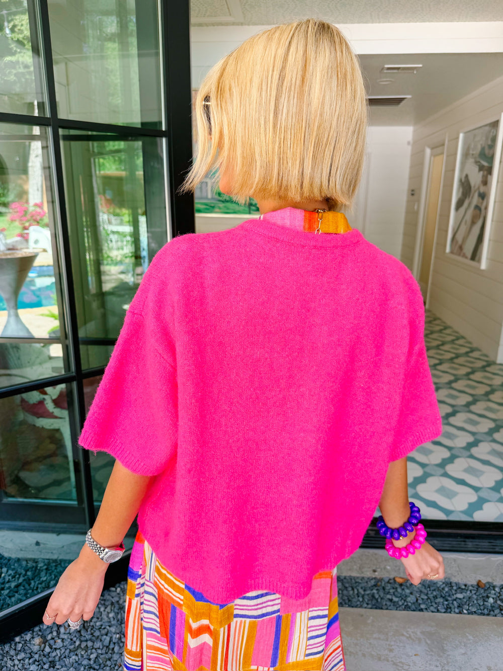 SASHA SHORT SLEEVE CARDIGAN - BRIGHT PINK