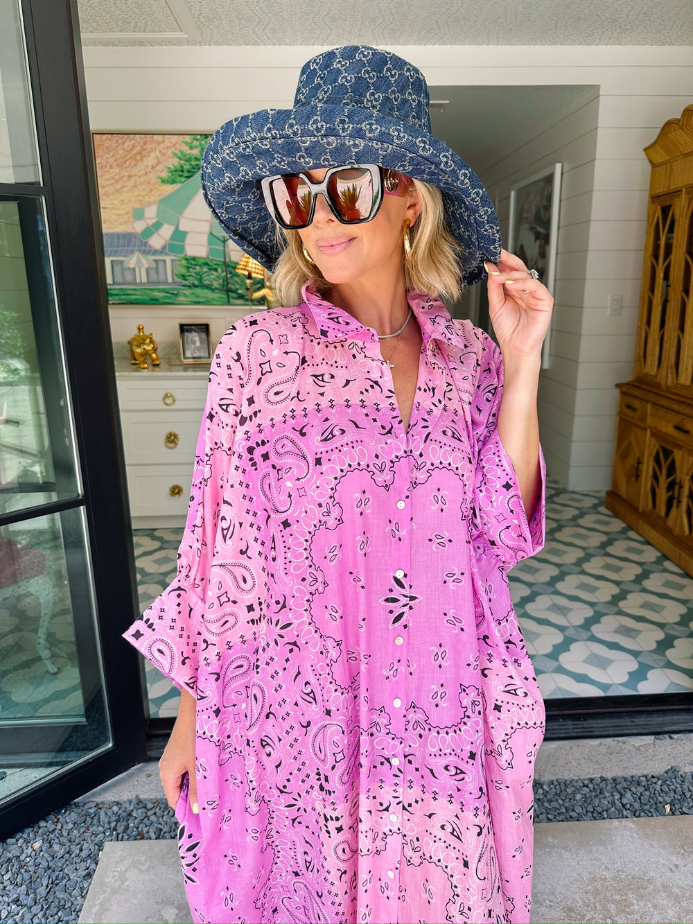 BETTER THAN EVER BANDANA BUTTON UP MIDI DRESS - LAVENDER/PINK