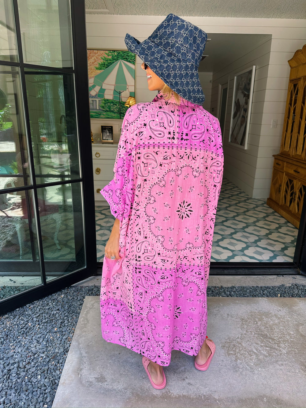 BETTER THAN EVER BANDANA BUTTON UP MIDI DRESS - LAVENDER/PINK