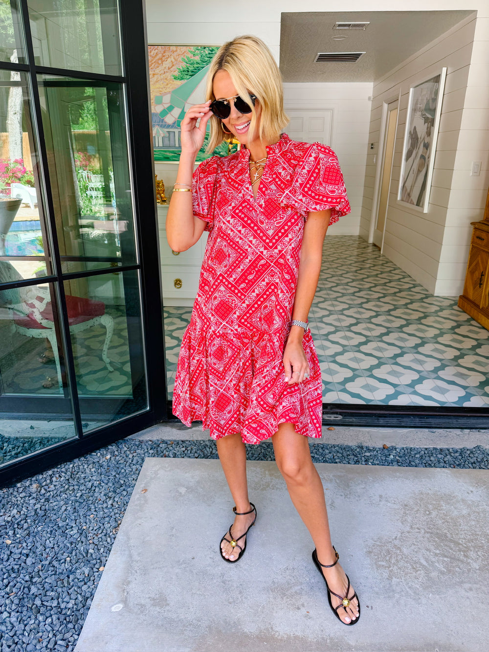 BRENNA BANDANA V NECK RUFFLE DRESS - RED