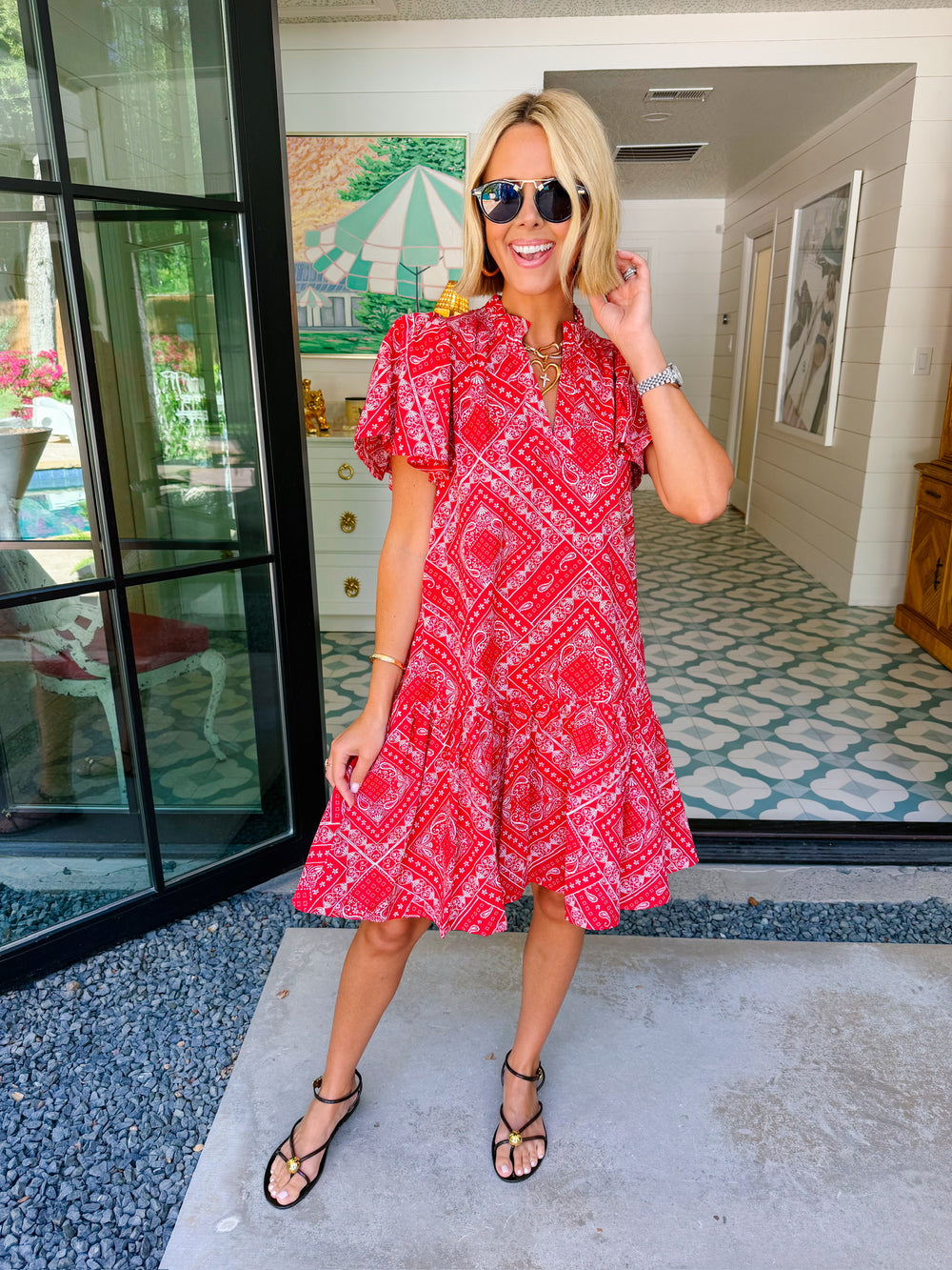 BRENNA BANDANA V NECK RUFFLE DRESS - RED