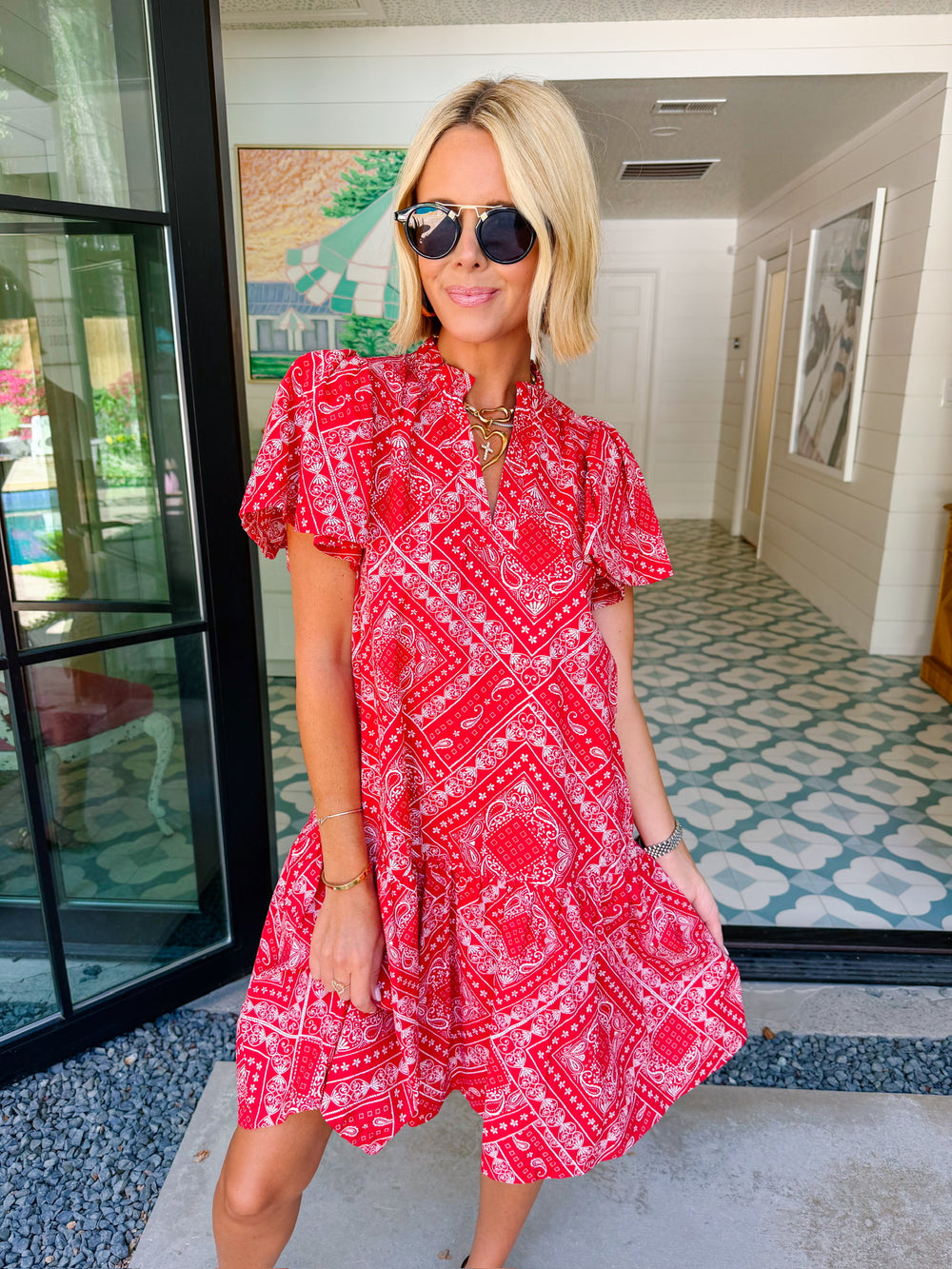 BRENNA BANDANA V NECK RUFFLE DRESS - RED