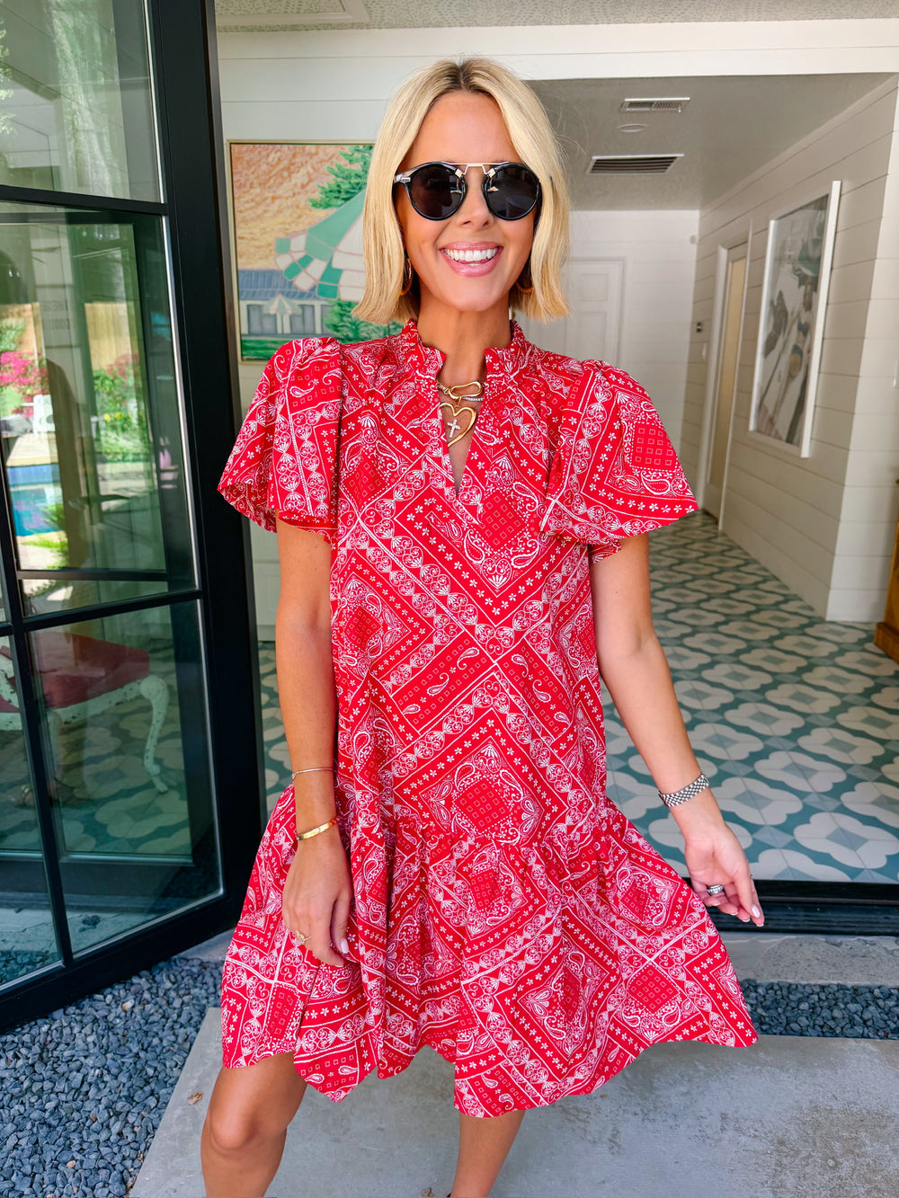 BRENNA BANDANA V NECK RUFFLE DRESS - RED