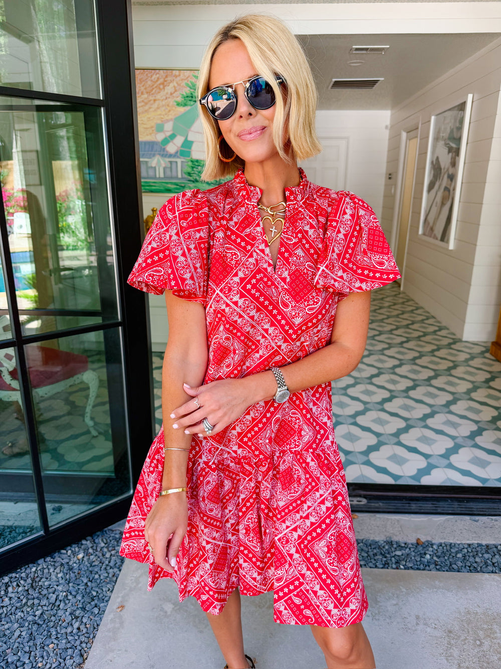 BRENNA BANDANA V NECK RUFFLE DRESS - RED
