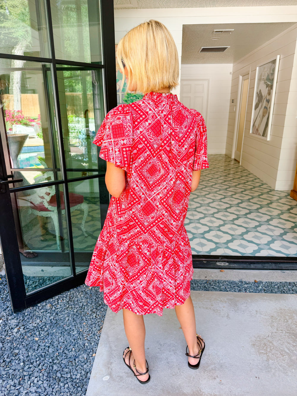 BRENNA BANDANA V NECK RUFFLE DRESS - RED