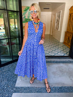 KNOW YOUR WORTH POLKA DOT VNECK MIDI DRESS - BLUE