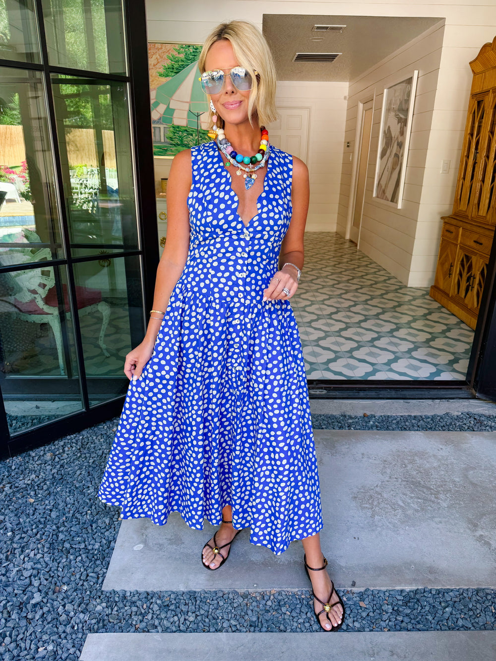 KNOW YOUR WORTH POLKA DOT VNECK MIDI DRESS - BLUE