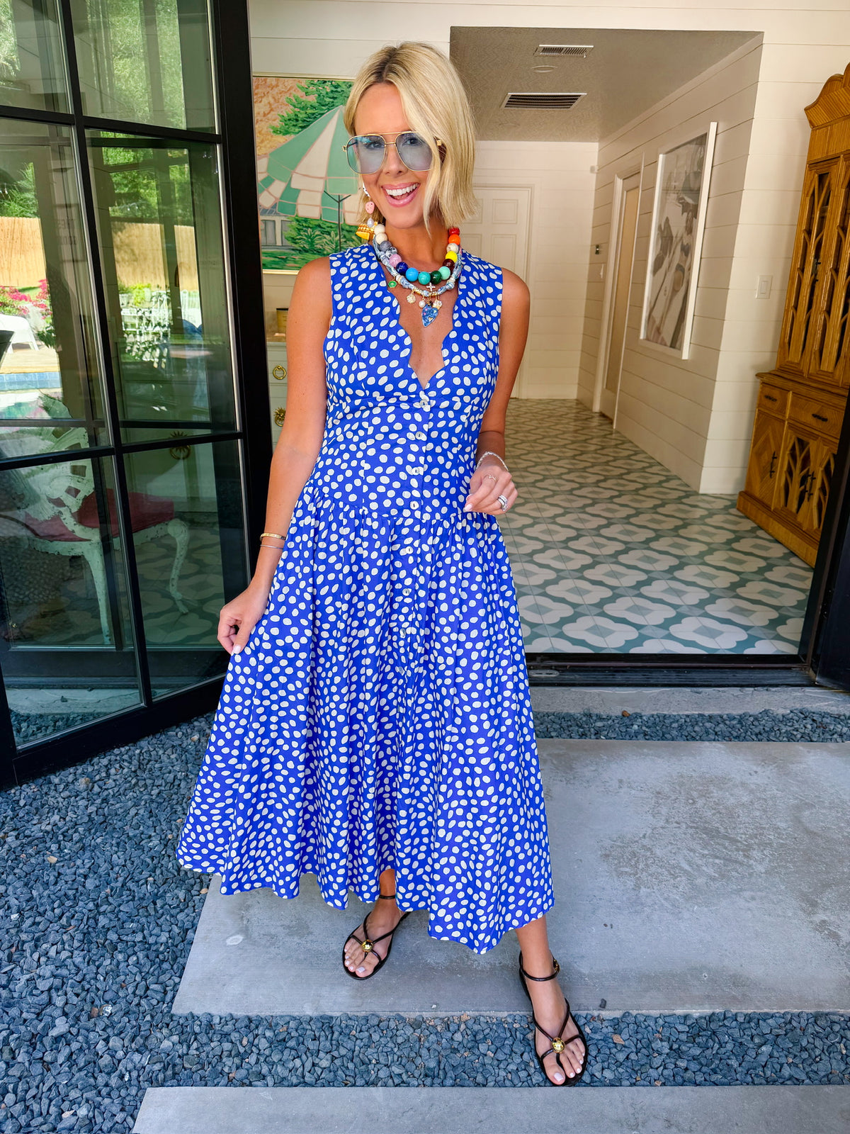 KNOW YOUR WORTH POLKA DOT VNECK MIDI DRESS - BLUE