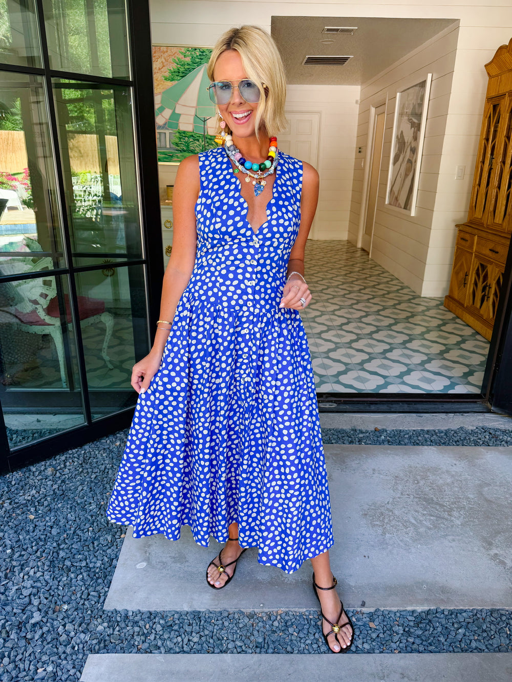 KNOW YOUR WORTH POLKA DOT VNECK MIDI DRESS - BLUE