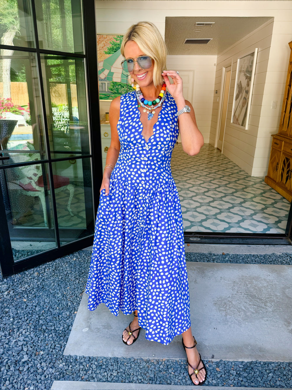 KNOW YOUR WORTH POLKA DOT VNECK MIDI DRESS - BLUE