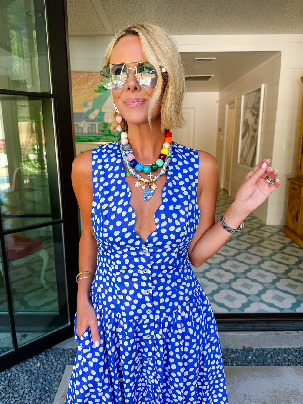 KNOW YOUR WORTH POLKA DOT VNECK MIDI DRESS - BLUE