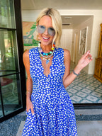 KNOW YOUR WORTH POLKA DOT VNECK MIDI DRESS - BLUE