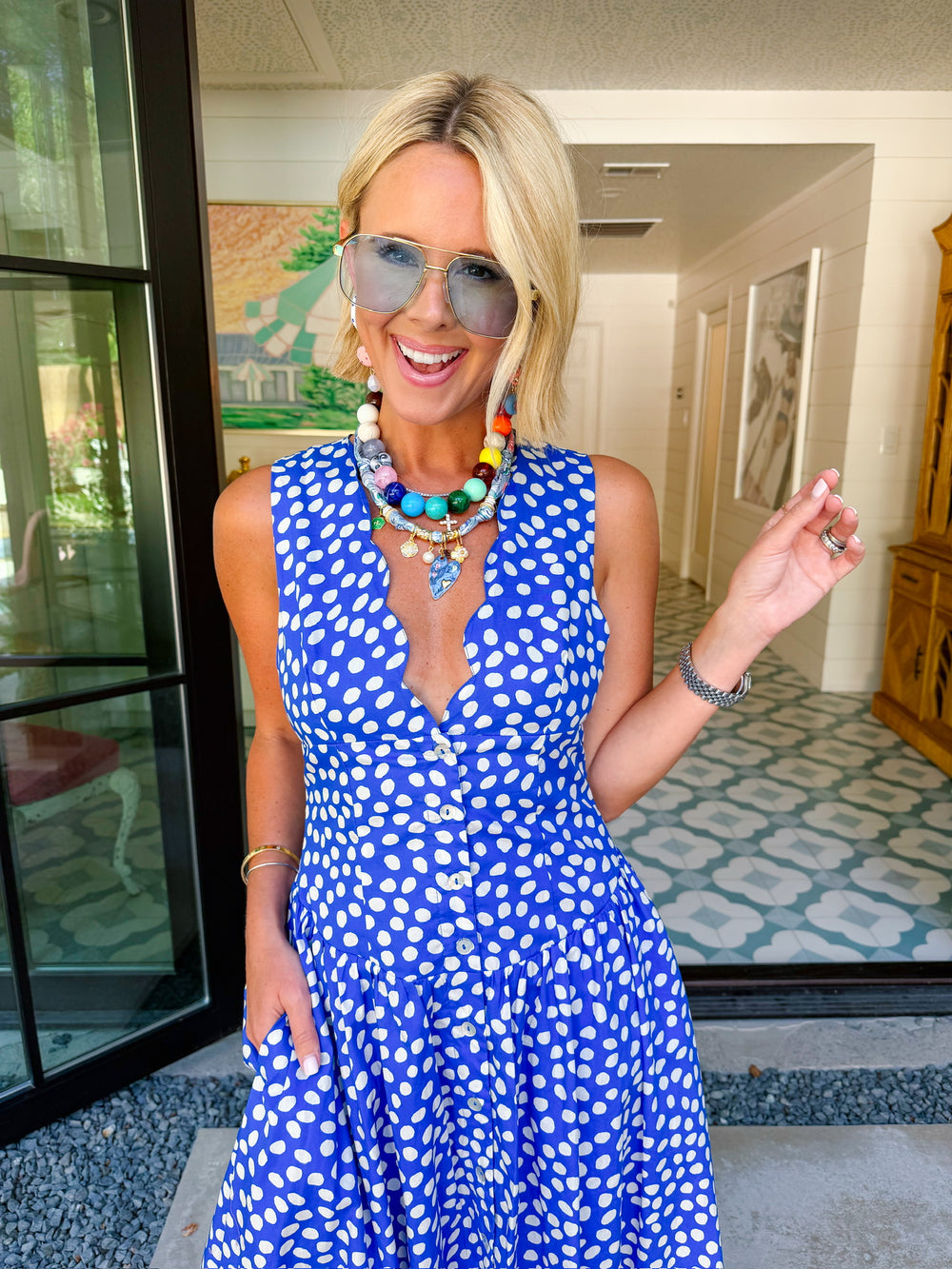 KNOW YOUR WORTH POLKA DOT VNECK MIDI DRESS - BLUE