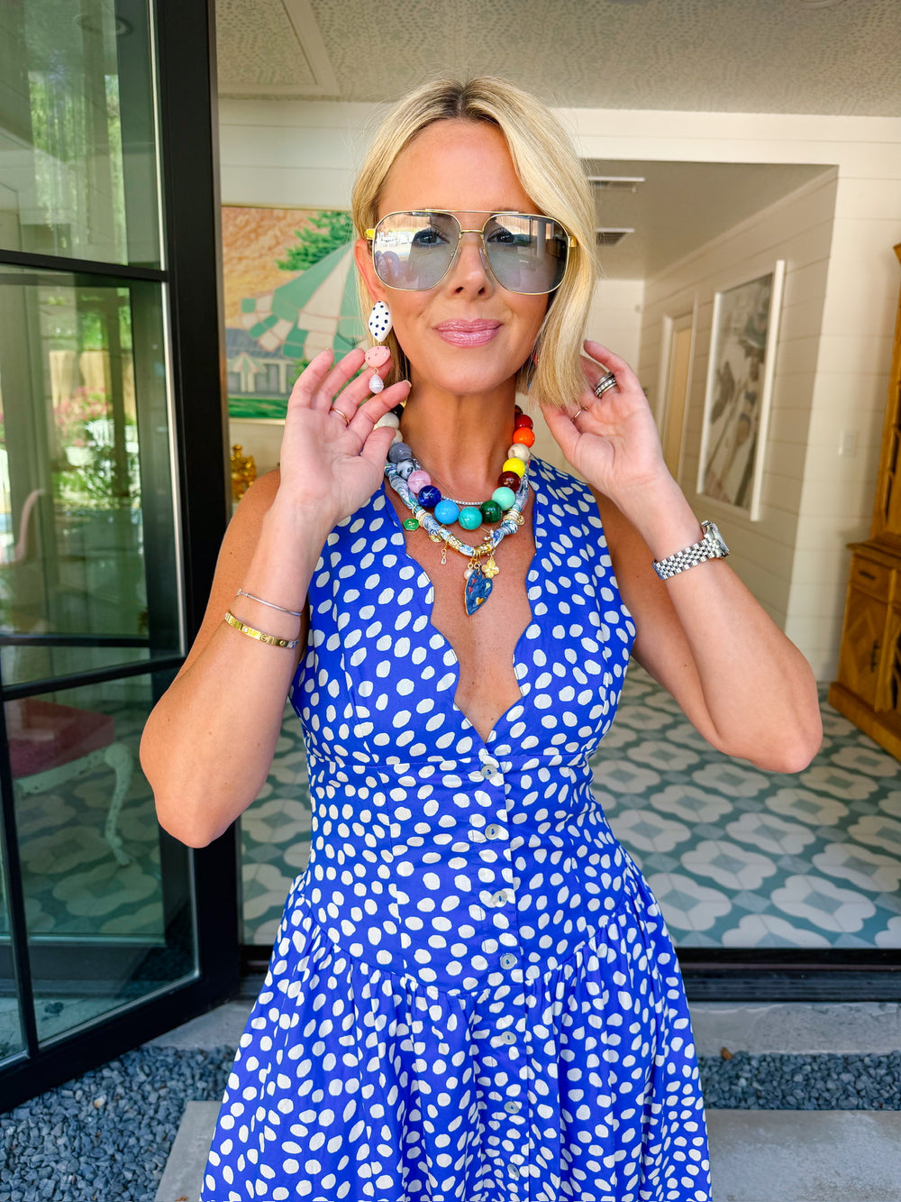 KNOW YOUR WORTH POLKA DOT VNECK MIDI DRESS - BLUE