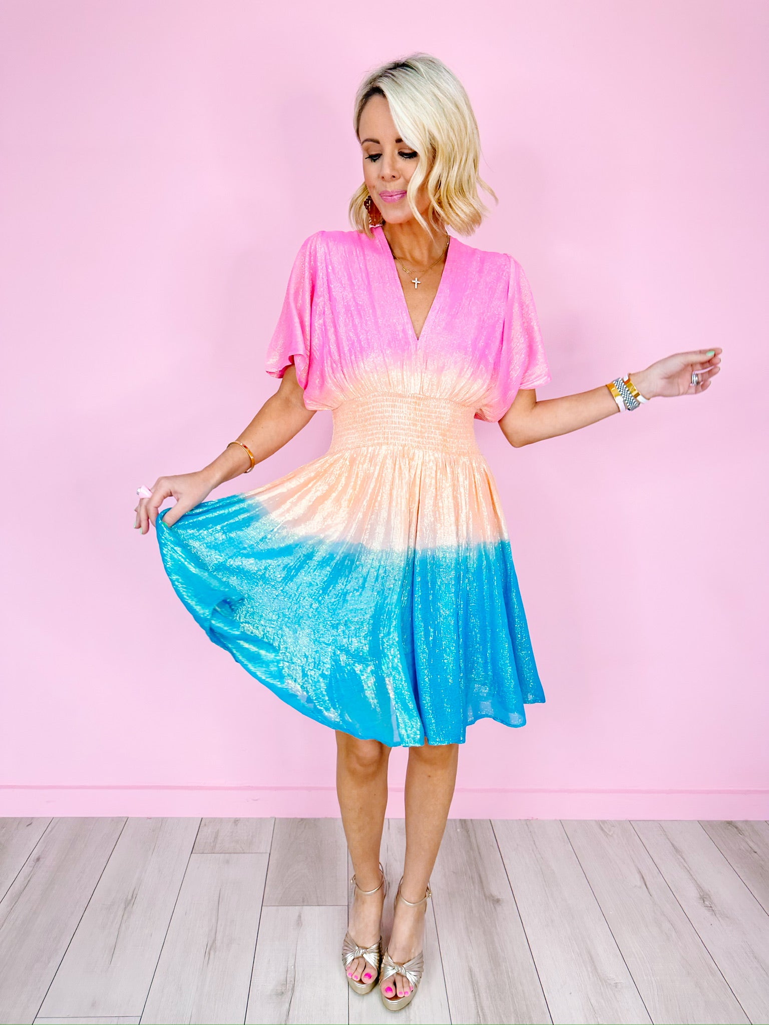 ANIE OMBRE SHIMMER SMOCKED DRESS